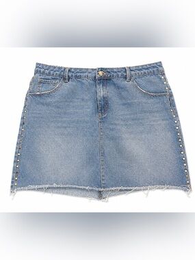 Denim Mini Skirt with Stud Detail - Light Blue